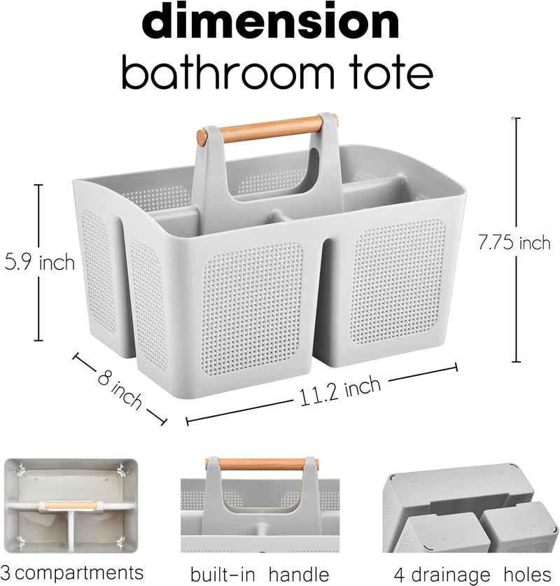 A-Link Portable Shower Caddy Basket with Compartments, Plastic Divided Cleaning Caddy Organizer Storage Tote with Handle for Bathroom, College, Dorm Room Essentials, Light Gray - Image 2